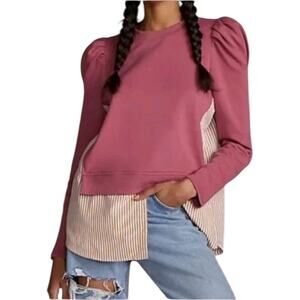 Maeve Anthropologie Layered Pink Sweatshirt Top Striped Shirt Hem Puff Sleeve XS